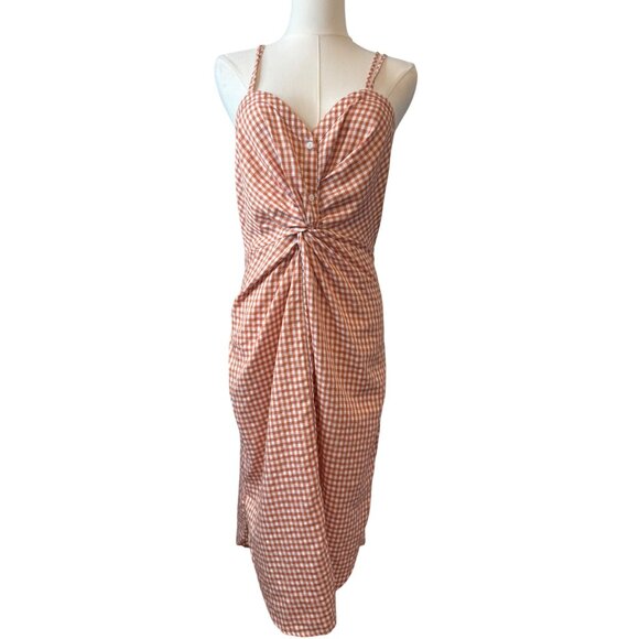 2/$30 Zara Medium Terracotta & White Gingham Knotted Button Midi Dress - Picture 1 of 13